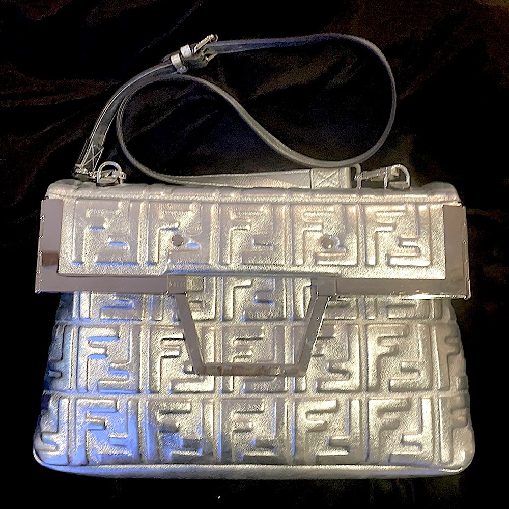 ! RARE FIND ! Brand new FENDI ‘Flap Foldover’ Bag in silver FF Mirror leather.